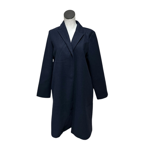 NWOT Zara Lapel Collar Felt Texture Long Open Front Coat NAVY - Picture 3 of 6